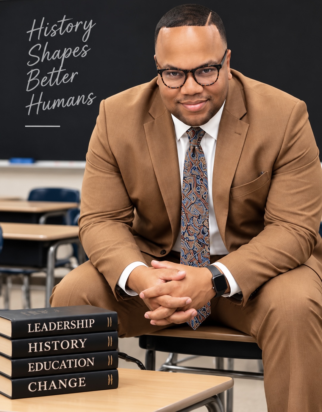 Man in brown suit and glasses sitting at desk with stacked books labeled Leadership, History, Education, Change, in classroom.