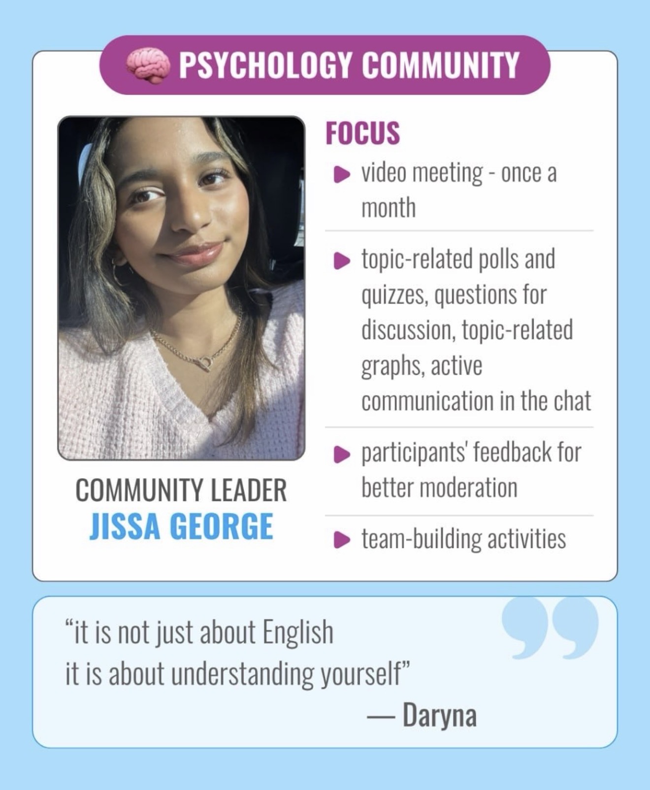 A young woman with long dark hair smiling, in a purple and white top, in a social media post about psychology community.