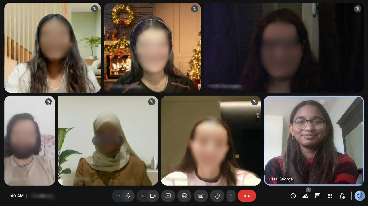 Six people participating in a video call, some with blurred faces, one person wearing a headscarf, and one smiling woman with glasses.
