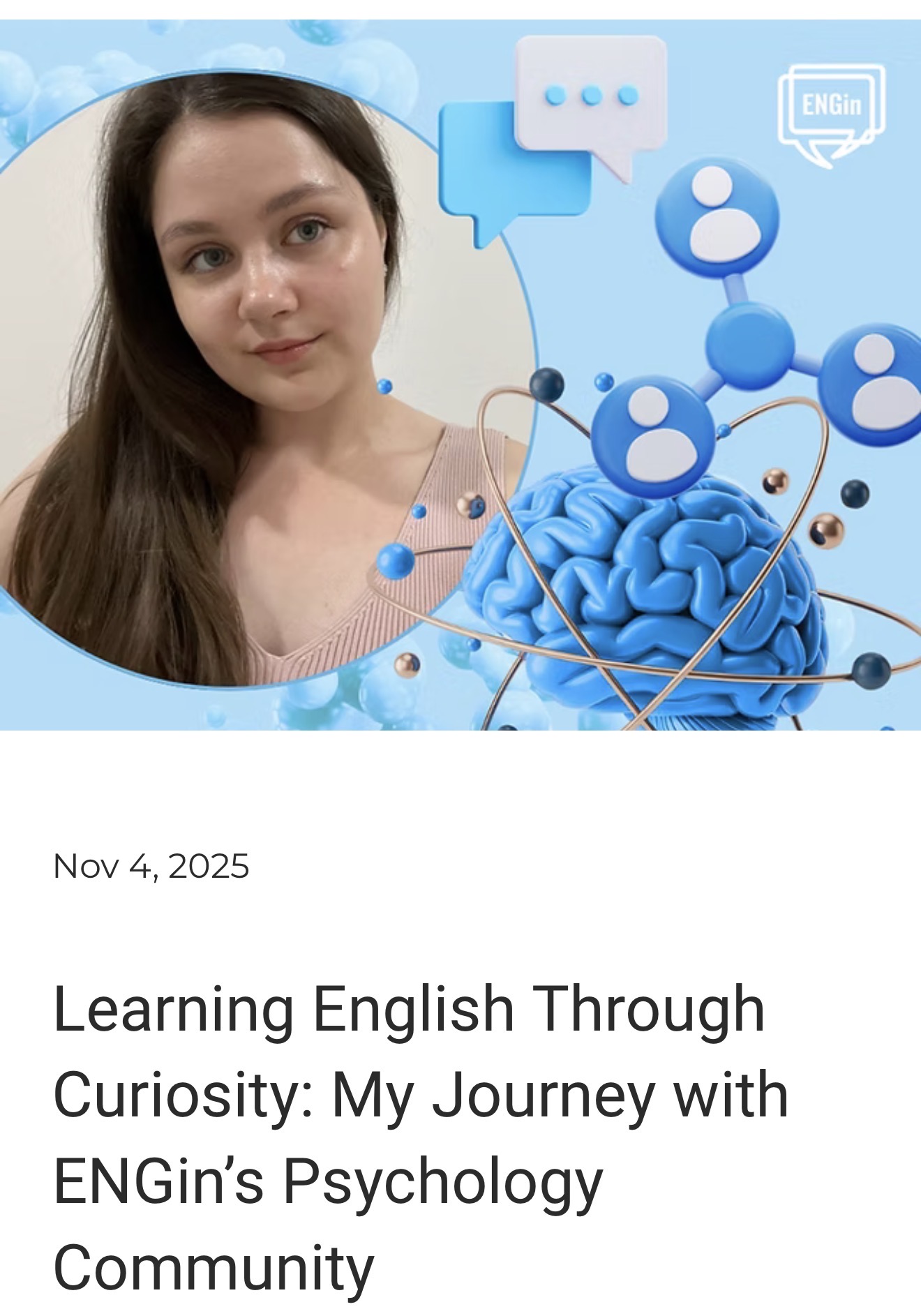 Young woman with long brown hair and a neutral expression, with a digital illustration of a brain, speech bubbles, and connected circles in the background.