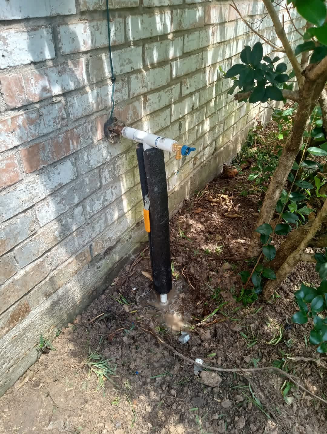 Pipe connected to a faucet protrudes from a brick wall, with a garden and plants nearby.
