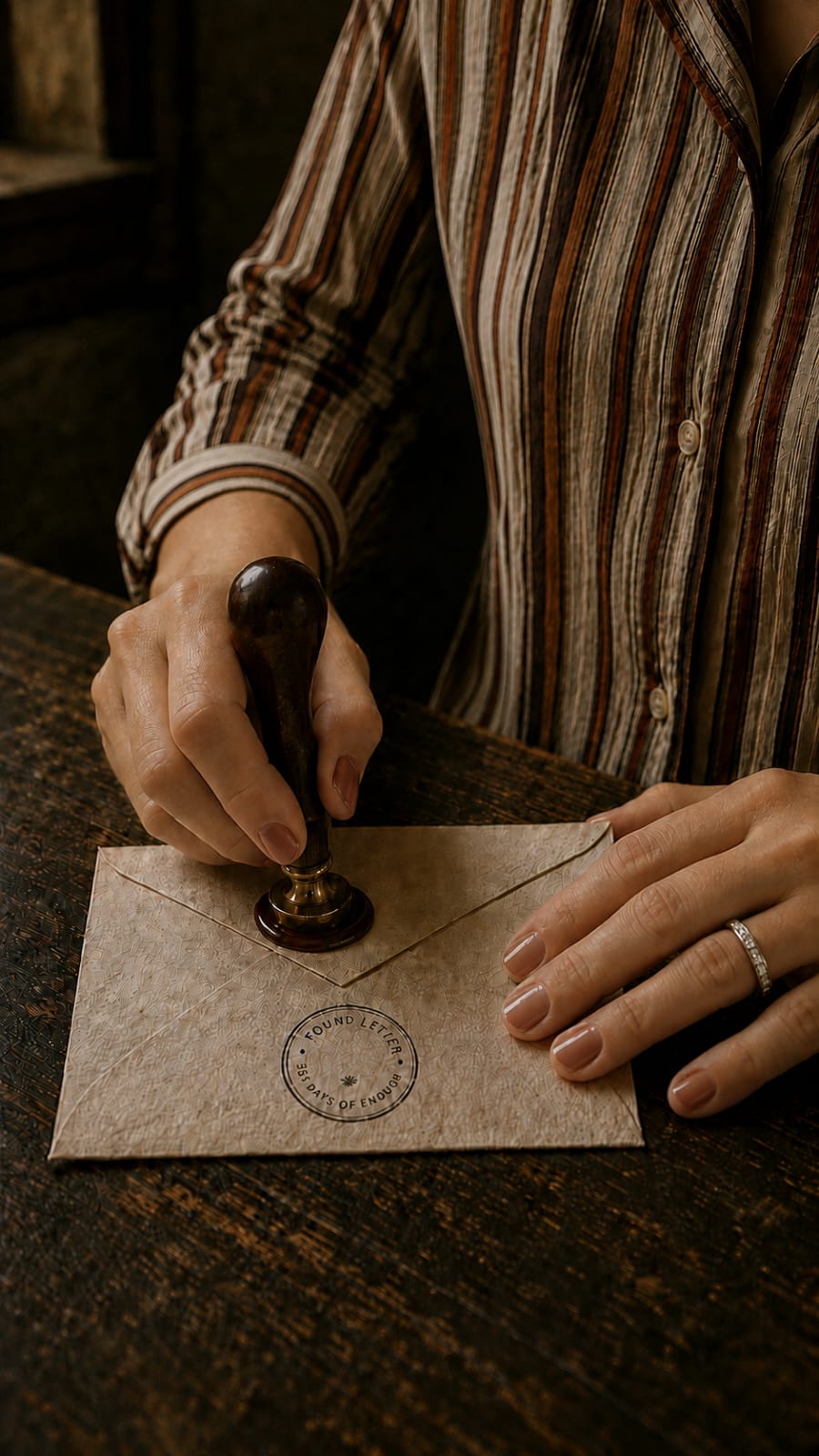 Person's hand stamping paper on a wooden table, wearing a striped shirt, with a ring on finger.