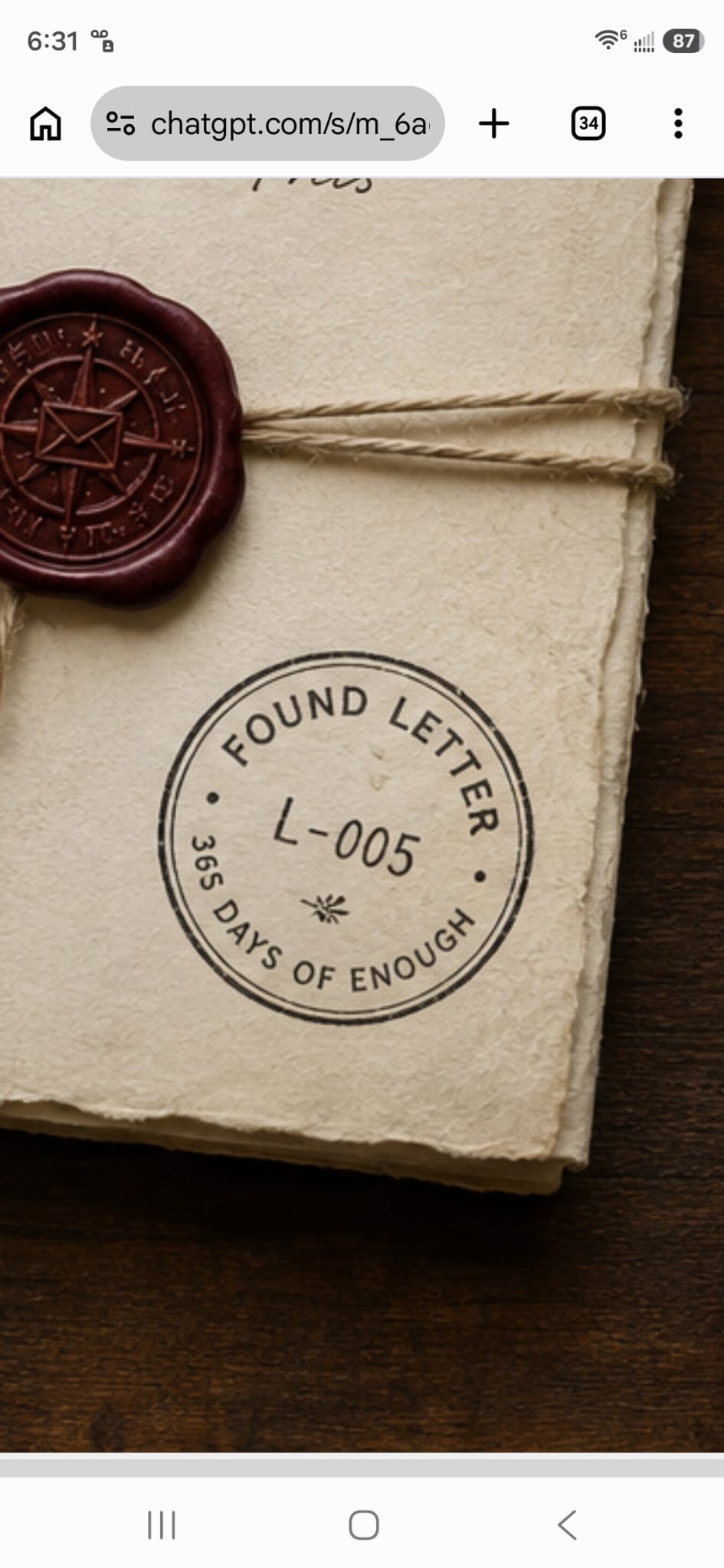 Envelope with a red wax seal and a circular stamp reading 'Found Letter L-005 365 Days of Enough'.