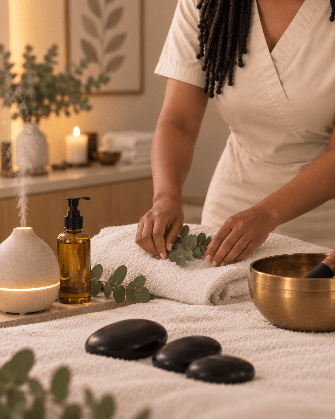 Person in white uniform preparing a towel with eucalyptus leaves in a spa setting, with candles and stones nearby.