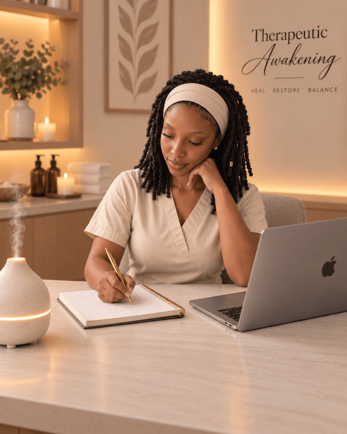 Woman with braided hair and headband writing in a notebook at a desk with a laptop, in a cozy room.
