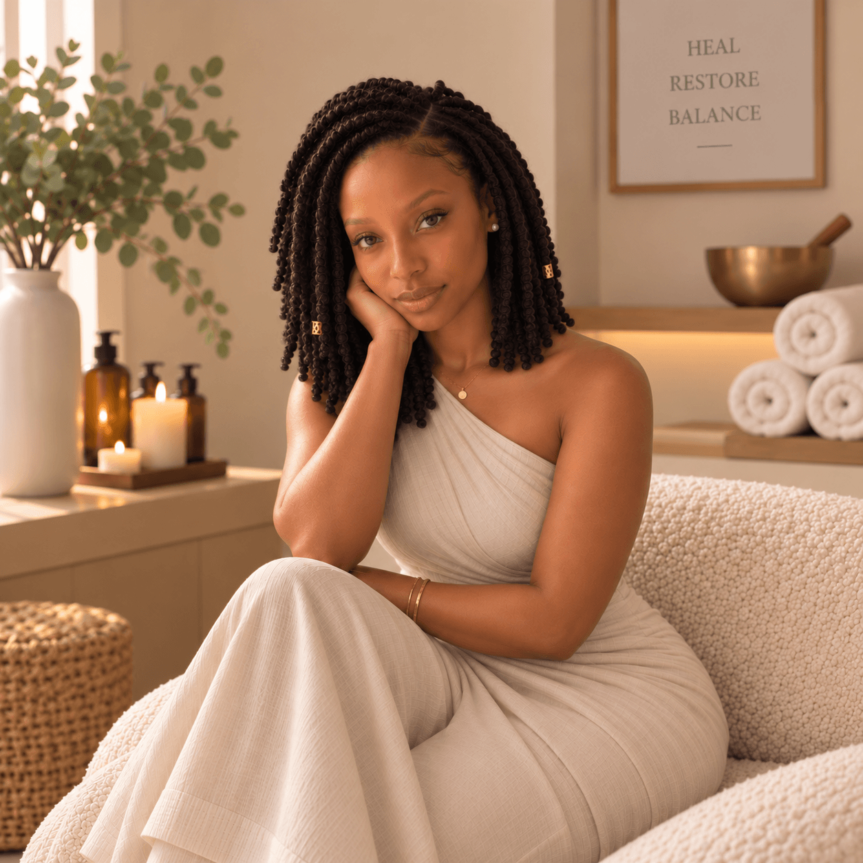 Woman with shoulder-length curly hair sitting on a beige sofa, resting her head on her hand, in a cozy room.