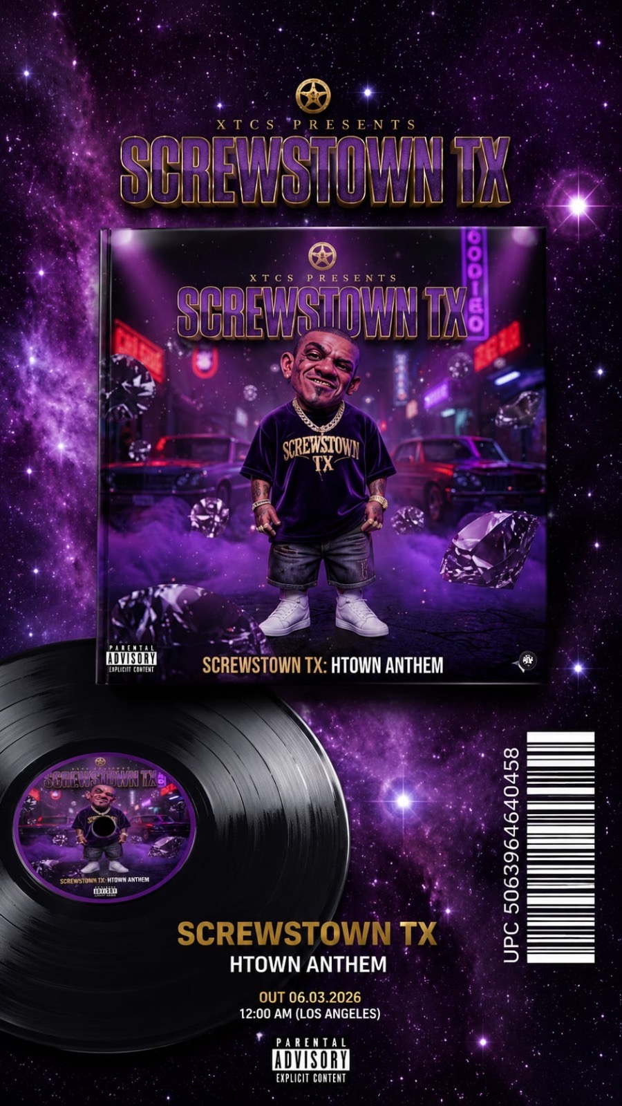 A person stands in front of a vibrant, purple cosmic background with neon lights, holding a microphone, with a vinyl record below.