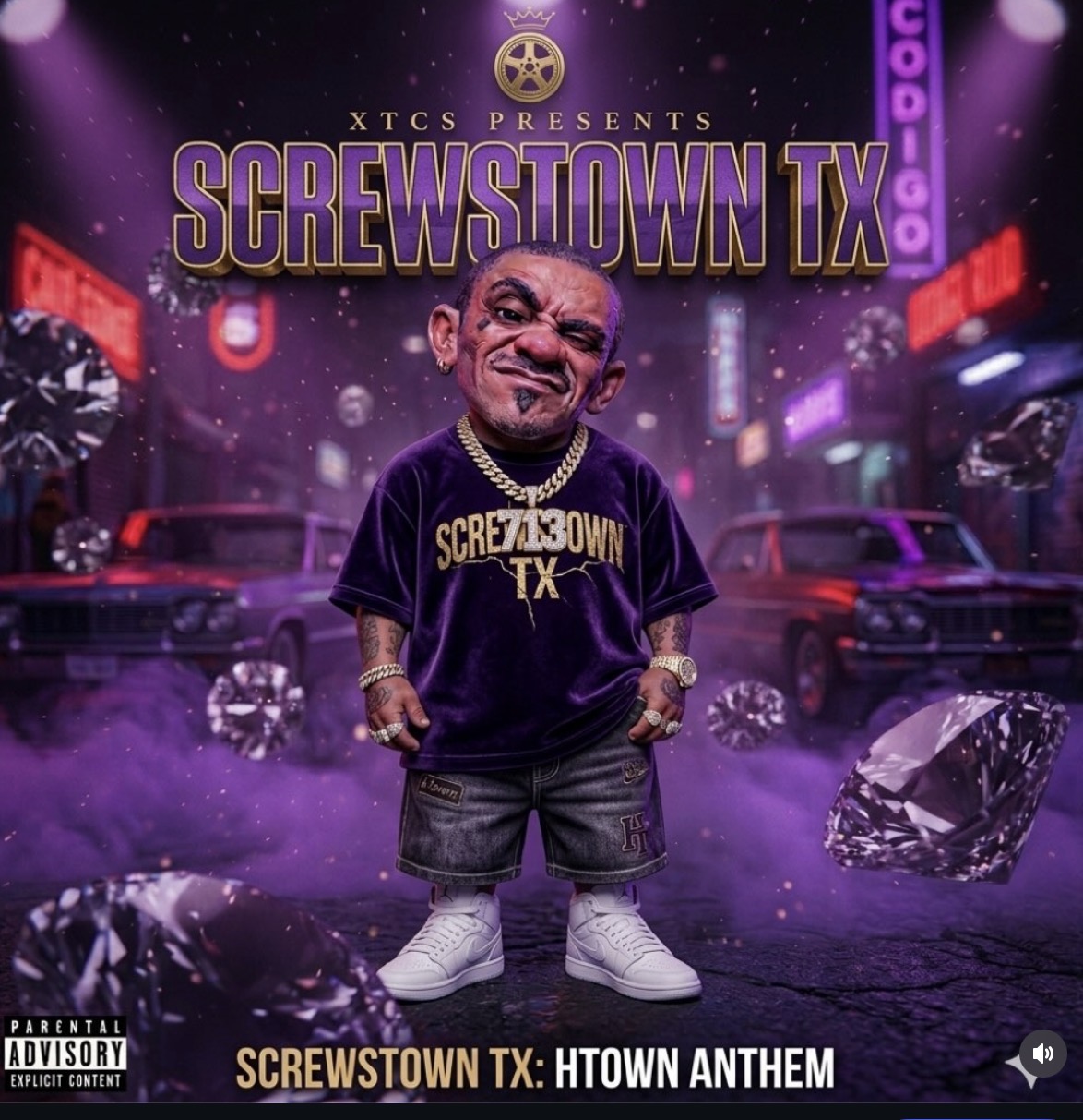 A cartoon character with a large head and a mischievous expression stands in a neon-lit city scene with cars and diamonds, promoting Screwtown TX.