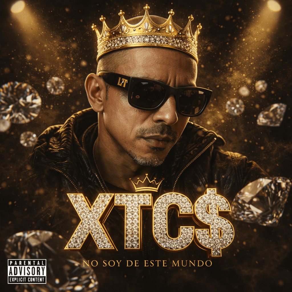 Man wearing sunglasses and a crown, with sparkling diamonds and gold text, against a dark background. Text reads 'XT$' and 'No soy de este mundo'.