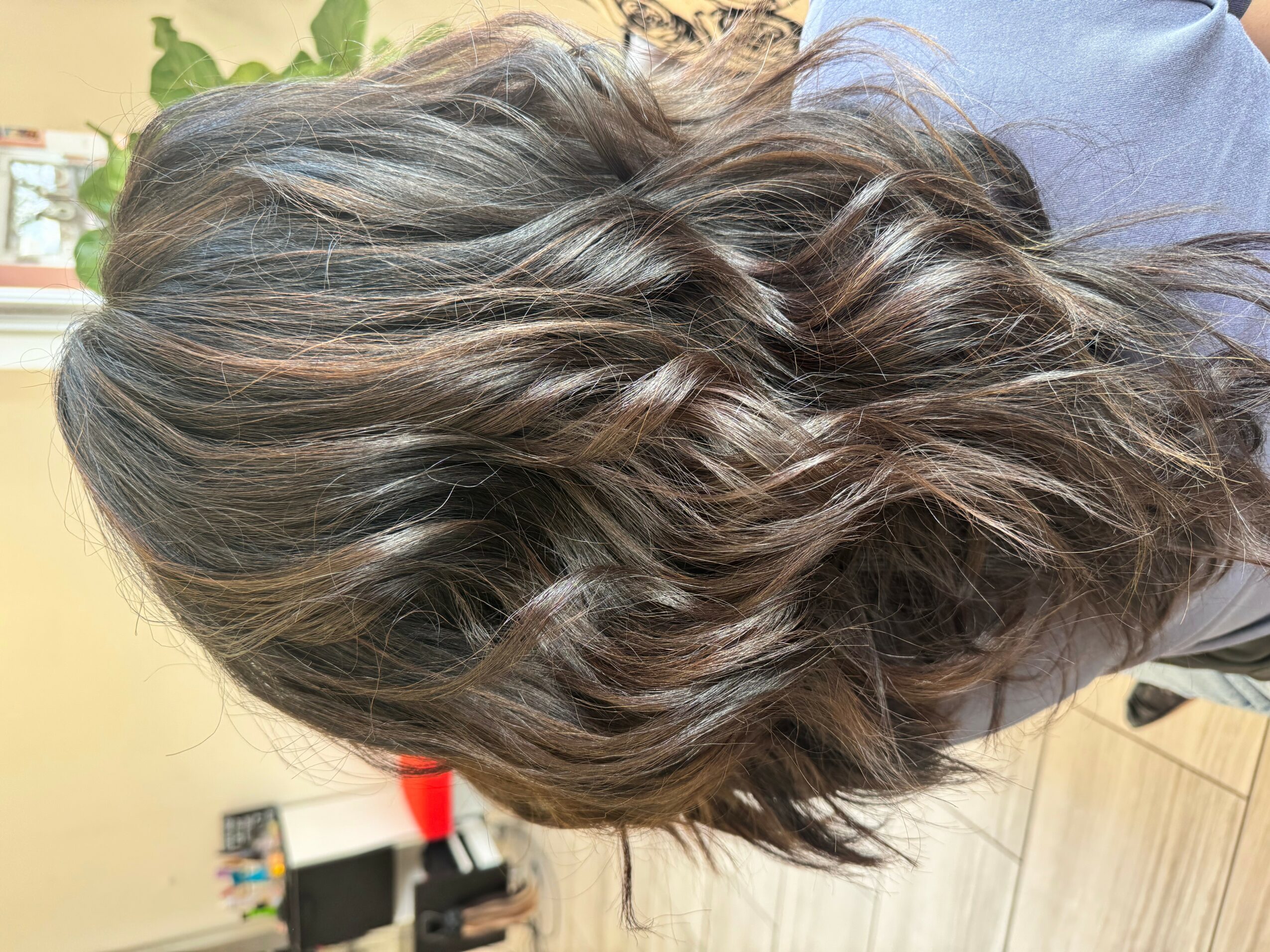 Person with wavy, shoulder-length hair viewed from the side, with a background of indoor plants and furniture.
