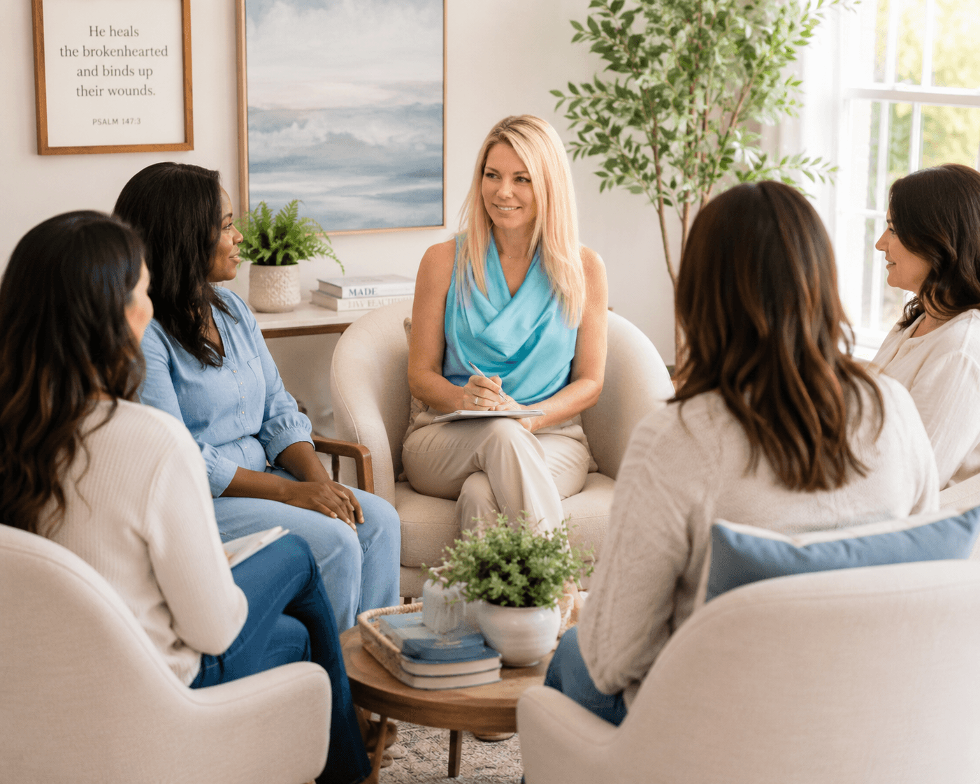 A woman with blonde hair in a blue top sits in a bright room with four women, plants, and artwork, engaging in conversation.