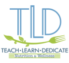 Logo with large blue letters 'TLD', green fork with leaves, and text 'Teach Learn Dedicate Nutrition & Wellness'.
