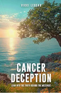 Sunset over water with a large tree on rocky shoreline, title 'Cancer Deception' and author 'Vikki Lebeau' at top.