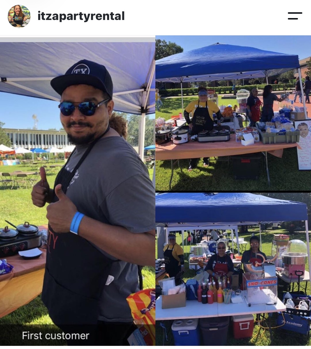 Man wearing sunglasses and a cap giving a thumbs-up at outdoor event with tents and tables, sunny day.