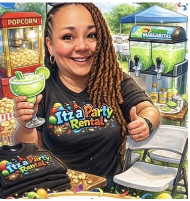 Smiling woman holding a green margarita, wearing a black Tzaza Party Rental shirt, at outdoor event with popcorn and drink stations.