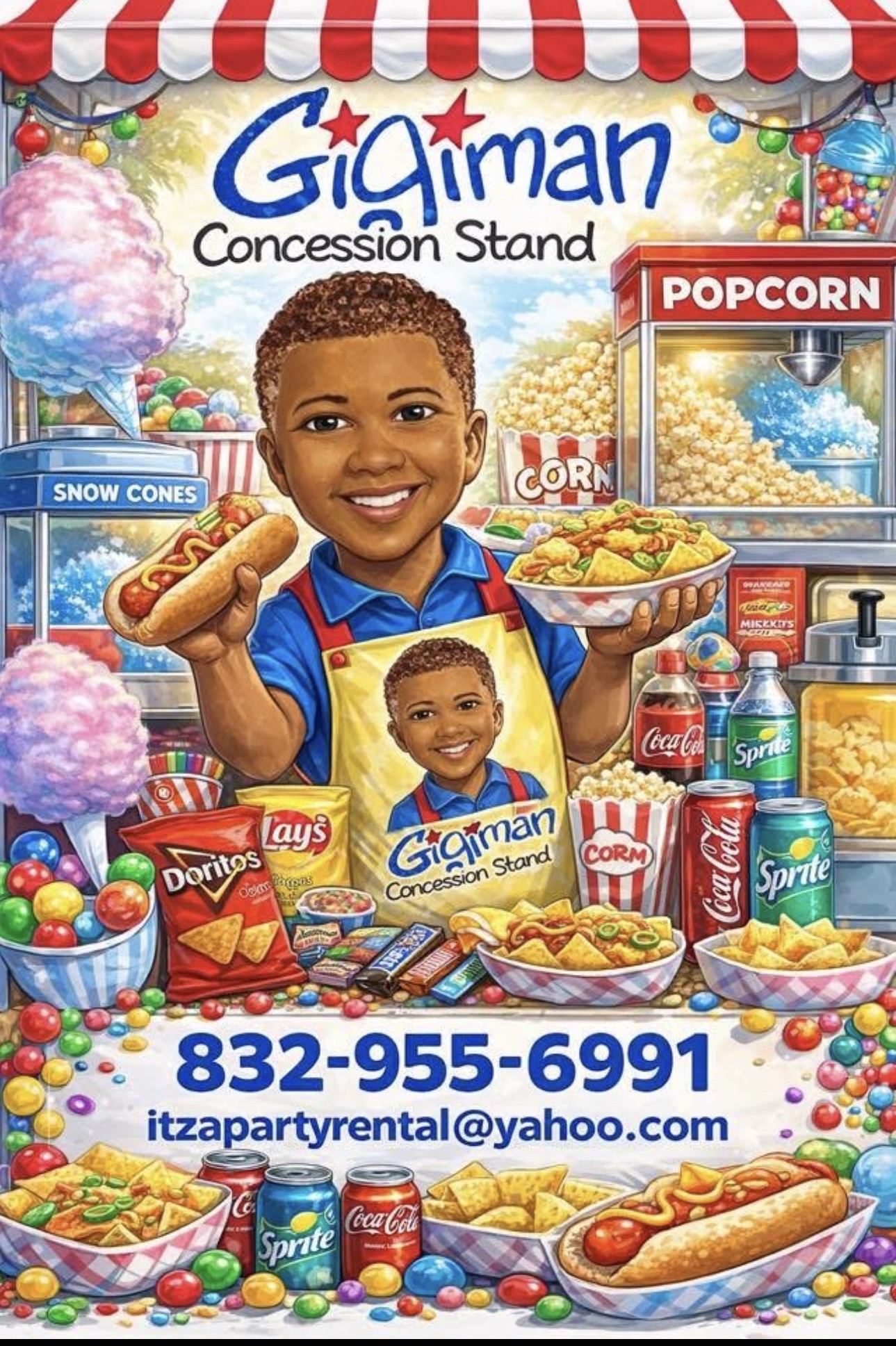 Smiling boy at concession stand with popcorn, snacks, and drinks, holding a hot dog and bowl of popcorn.