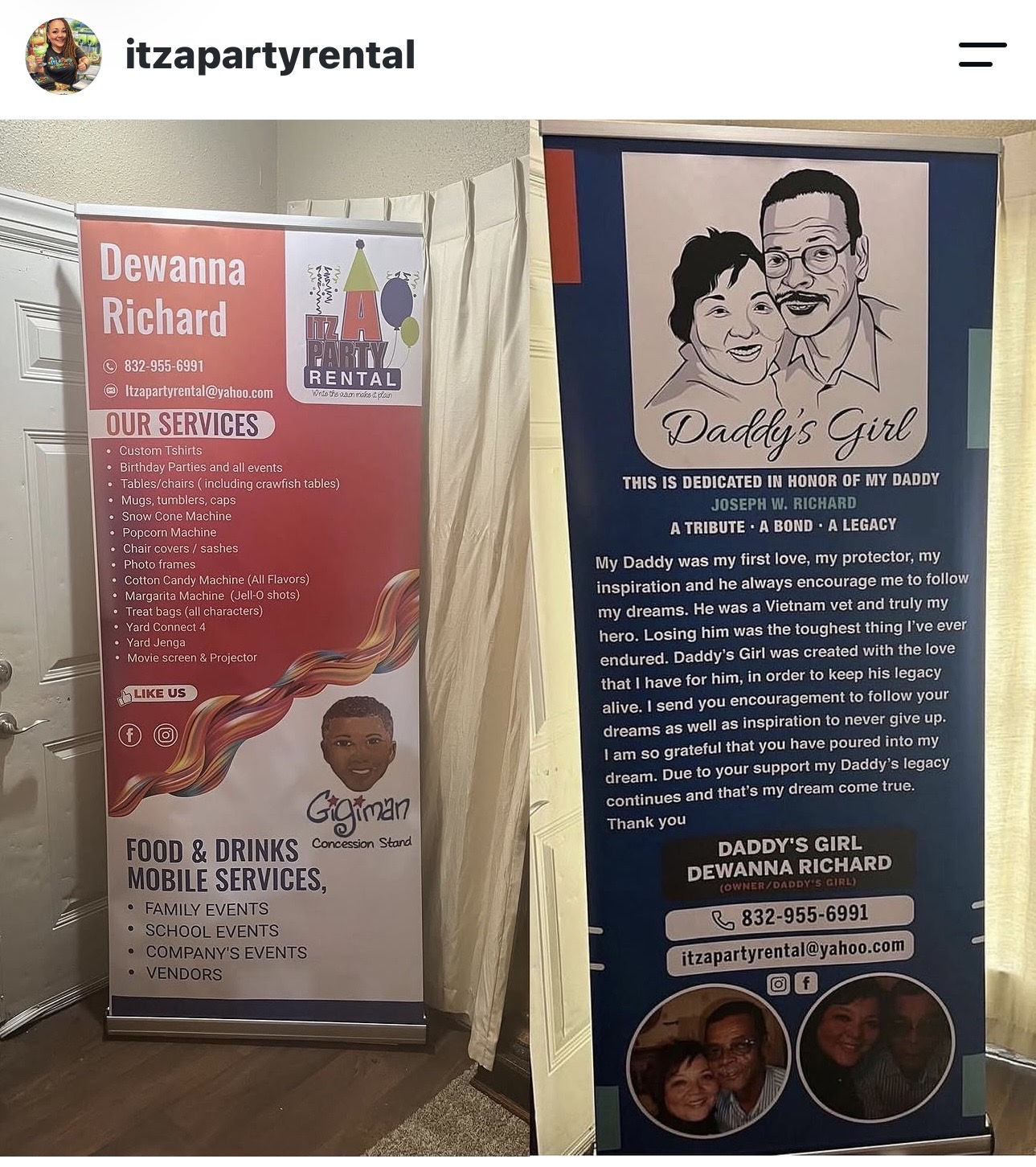Two vertical banners, one for Dewanna Richard and one for a memorial tribute, with text and images, displayed indoors.