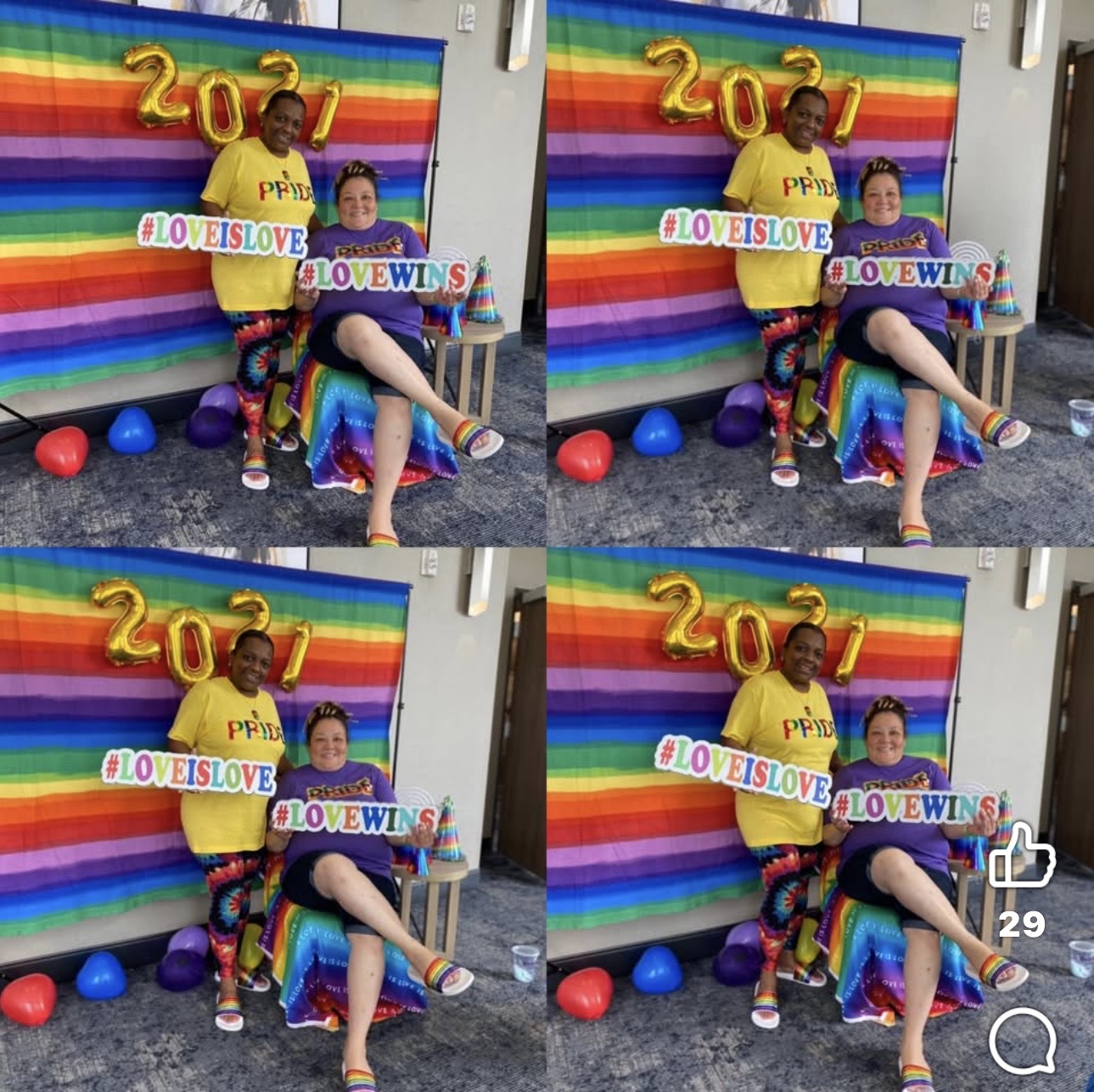 Two children sitting on a rainbow-colored blanket with balloons, holding a sign that says 'LOVE WINS,' in front of a rainbow backdrop.