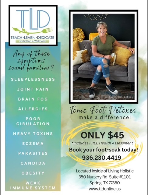Woman sitting on a sofa with a yellow pillow, smiling, in a living room. Text promotes foot detoxes and health assessments.