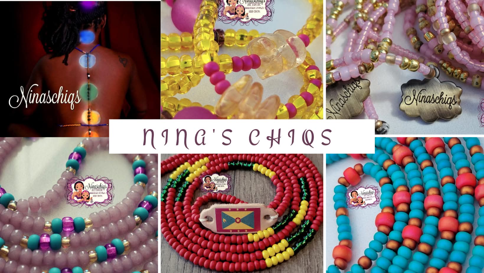 Collection of colorful beaded jewelry, including necklaces and bracelets, displayed on various backgrounds, with a handwritten label in the center.