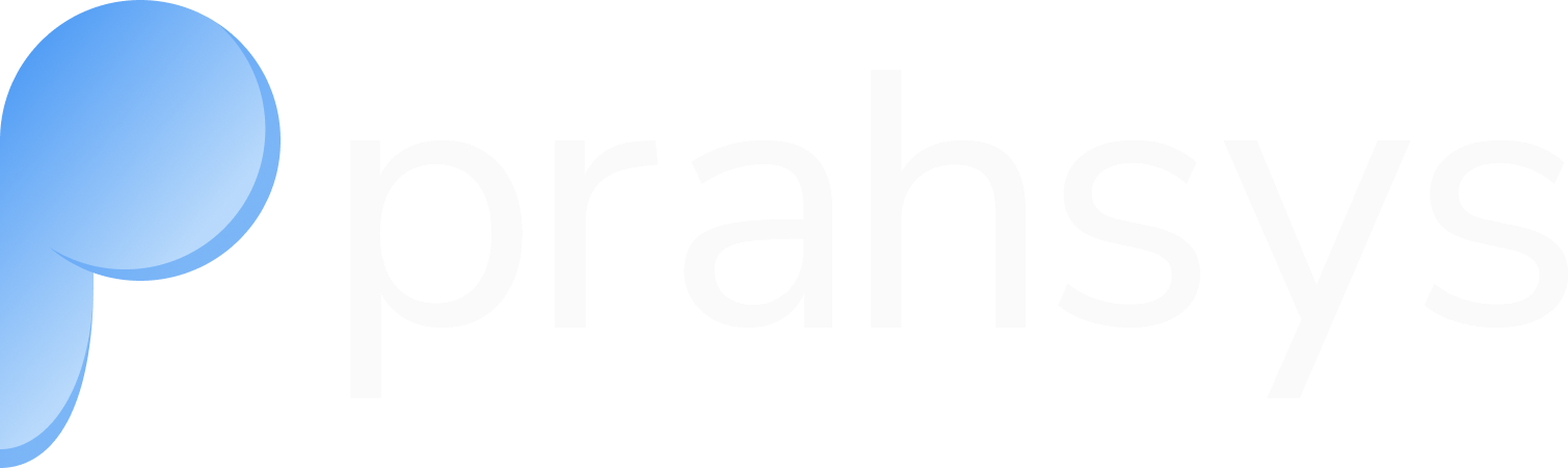 Logo with blue circle and the word 'prahsy' in white text on black background.