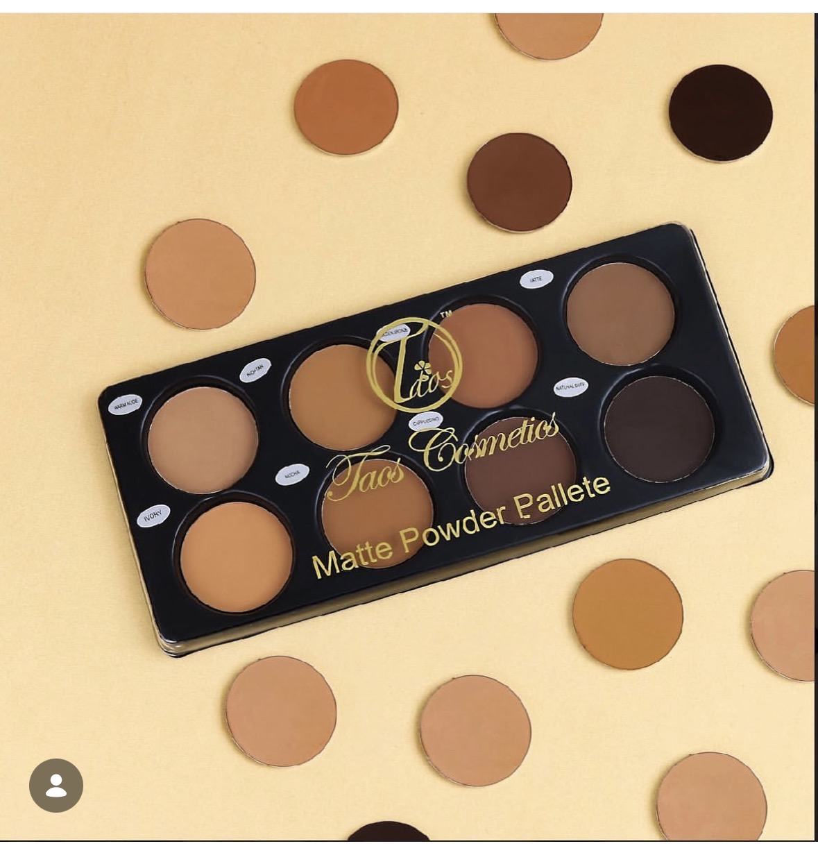 Black matte powder palette with six circular shades on a beige background with scattered circular spots.