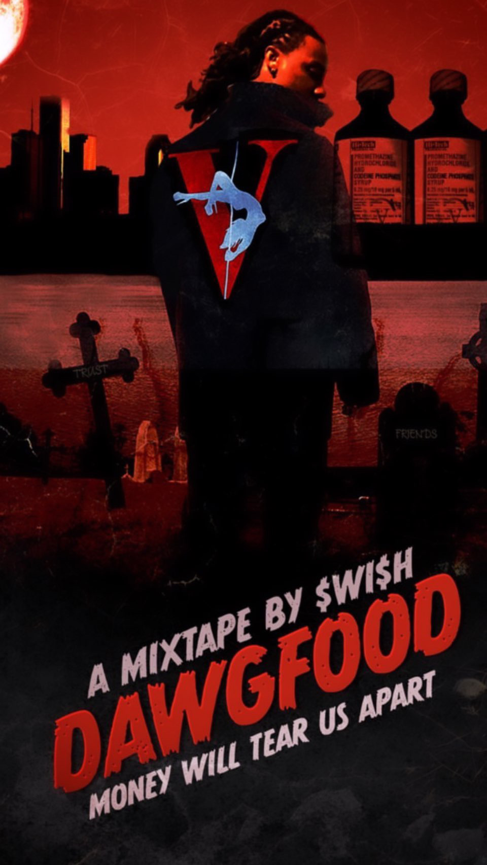 Person standing in a graveyard at sunset with a city skyline in the background, holding a blue toy dinosaur, with text about a mixtape.