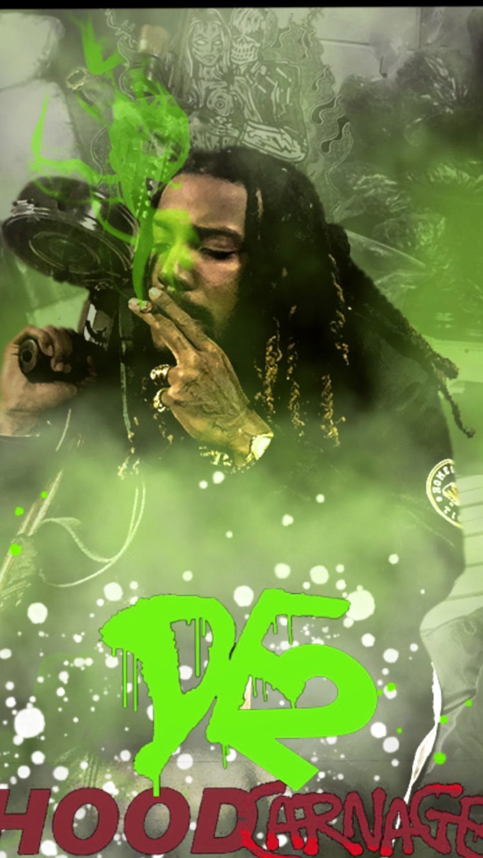 Person with long hair and jewelry, surrounded by green smoke and graffiti, holding a cigarette or joint, with graffiti background.