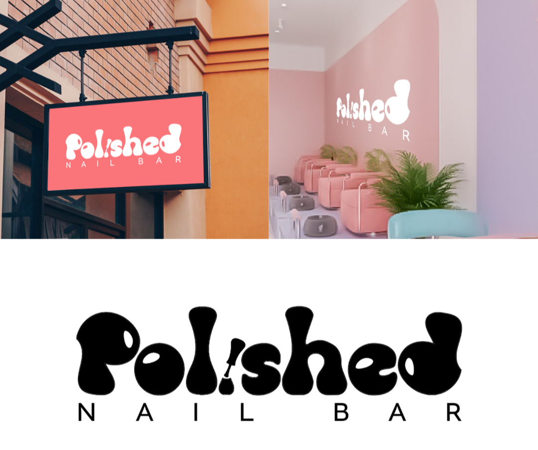 Signboard with red background and white text reading 'Polished Nail Bar' outside a building.