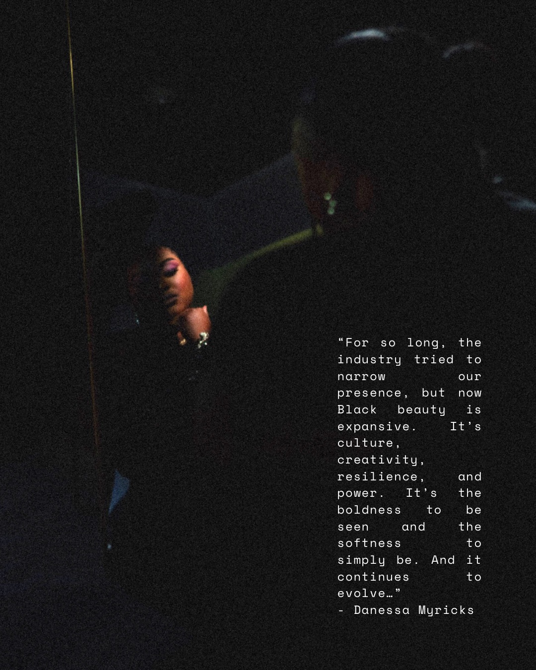 Dark image with a person in the background and a quote on the right side, partially visible. The quote discusses industry, beauty, creativity, resilience, and power.