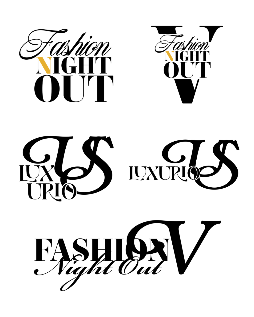 Six fashion night out logos with text and stylized letters, arranged in two columns and three rows, on a white background.