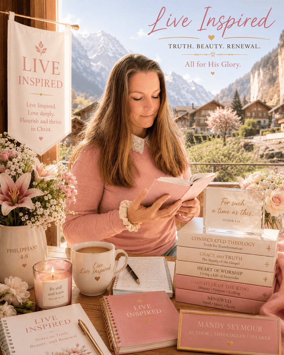 Woman reading a book at a table with flowers, candles, and stacked books, mountains and trees in background.