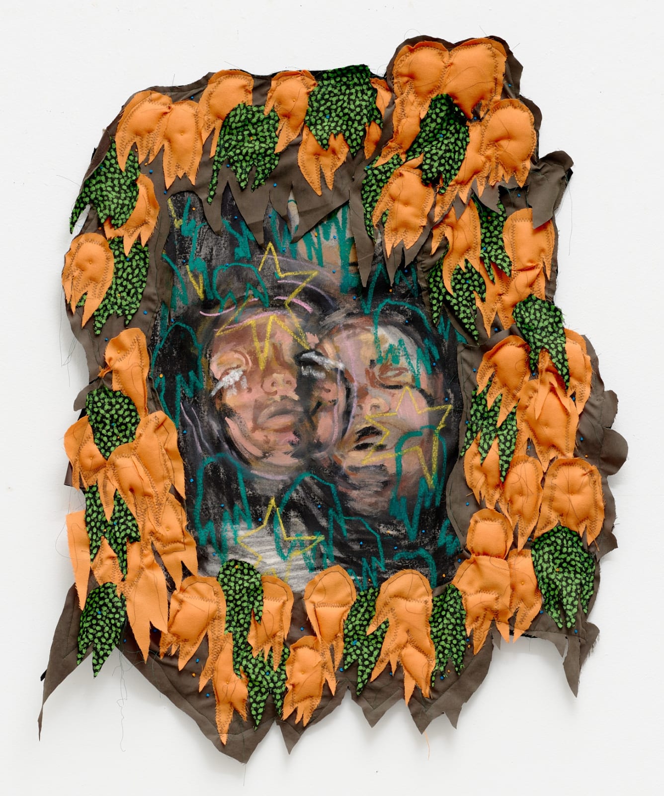Mixed media artwork with flowers and a painted face of a person, surrounded by orange and green flowers, on a white background.