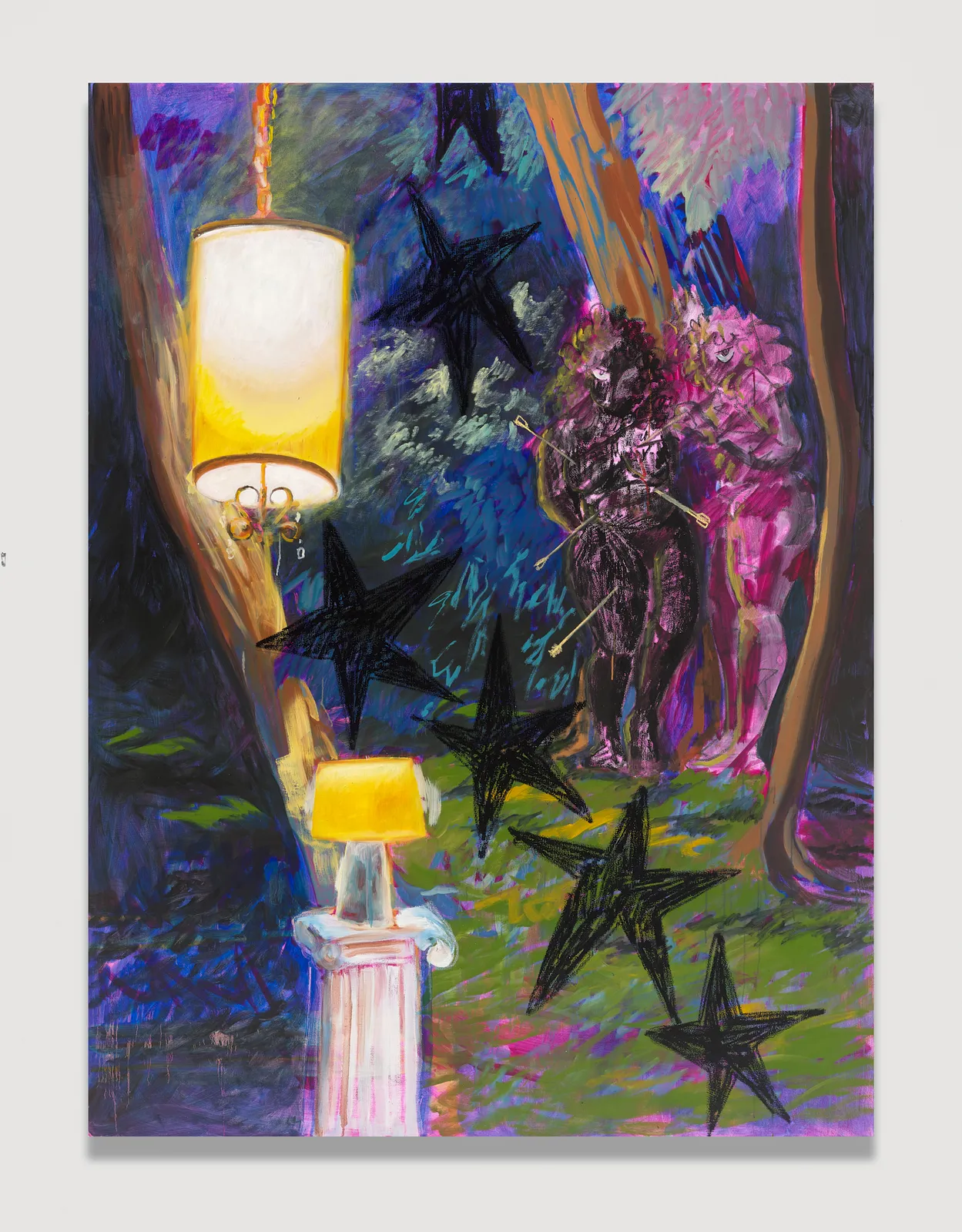 Colorful painting of a forest scene with stars, trees, and a lamp, featuring vibrant purple, blue, and pink hues.