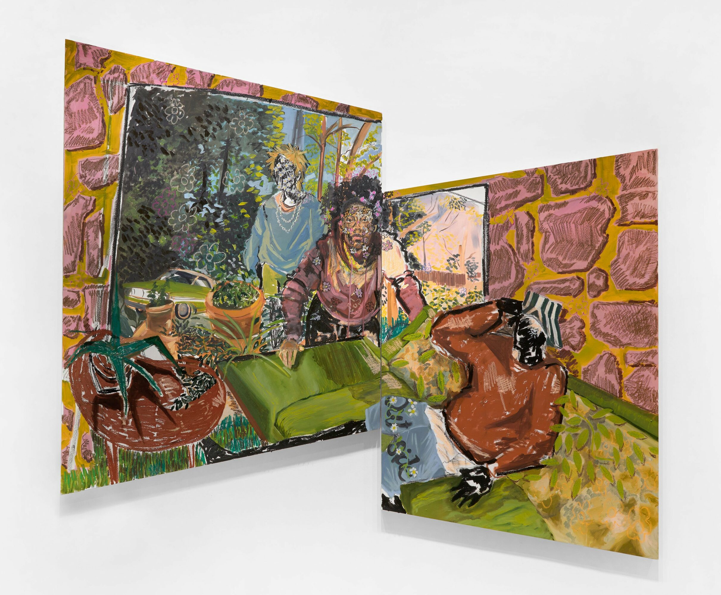 Two paintings depict people in outdoor settings with trees and stone walls, featuring vibrant colors and detailed scenes.
