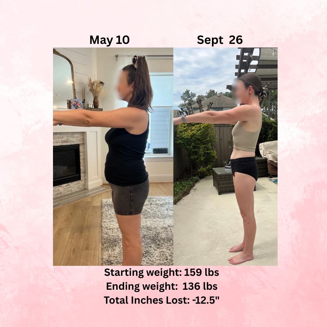 Side-by-side photos of a woman stretching, showing weight loss from May 10 to September 26, with starting weight 159 lbs and ending weight 136 lbs.