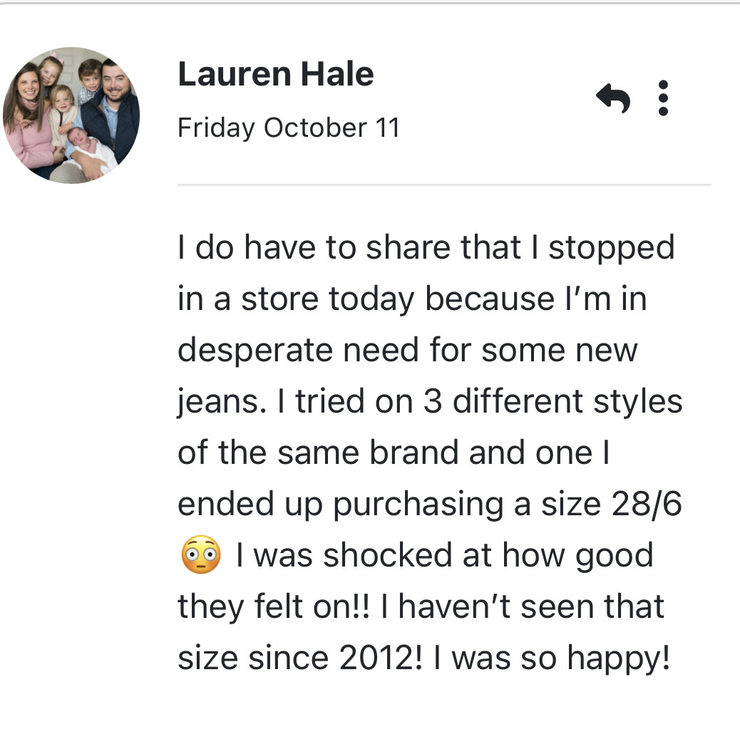 Screenshot of a social media post by Lauren Hale about shopping for jeans, with a profile picture of a group of people.