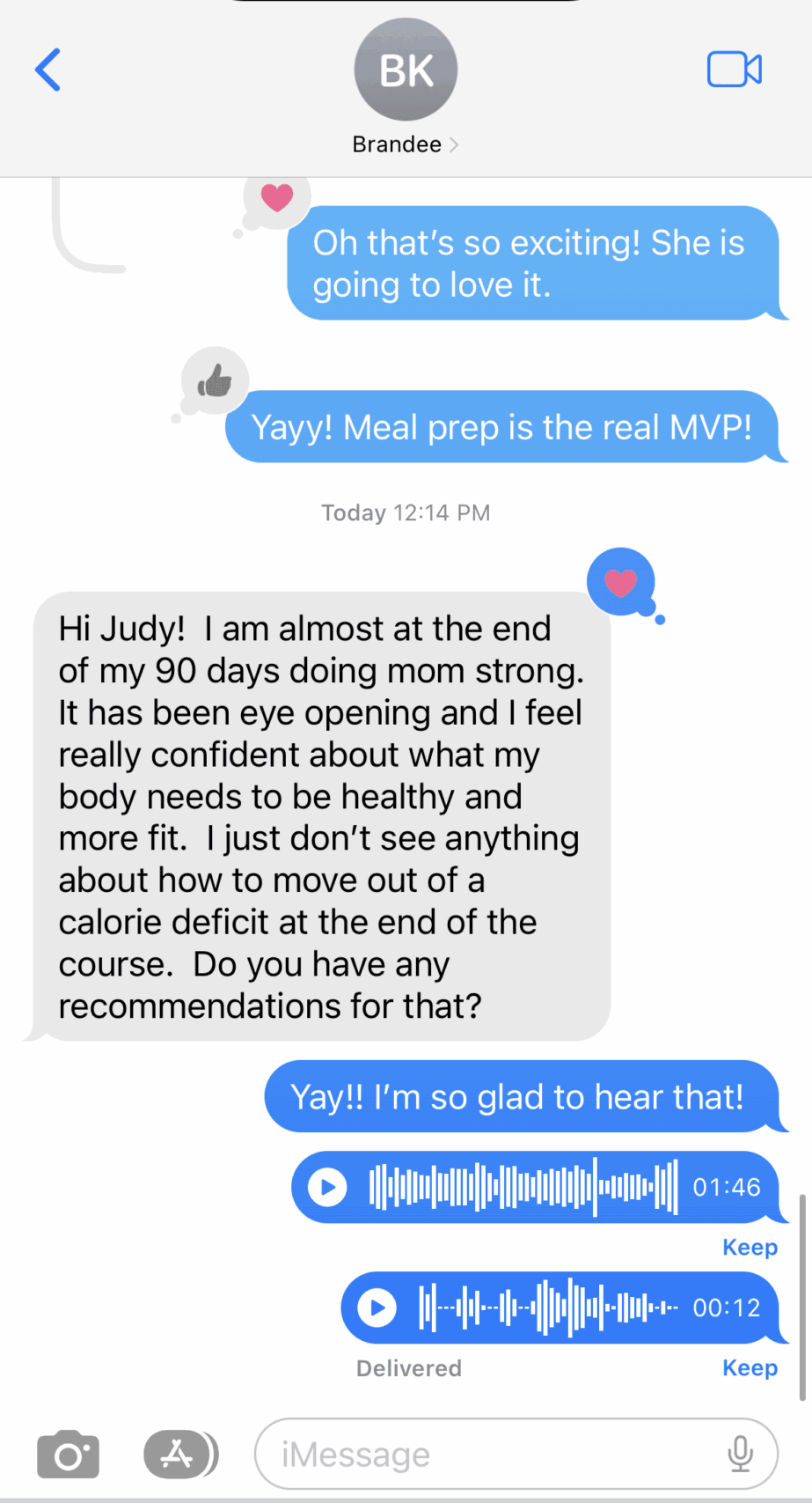 Text conversation with positive messages about meal prep and health, including emojis and voice messages.