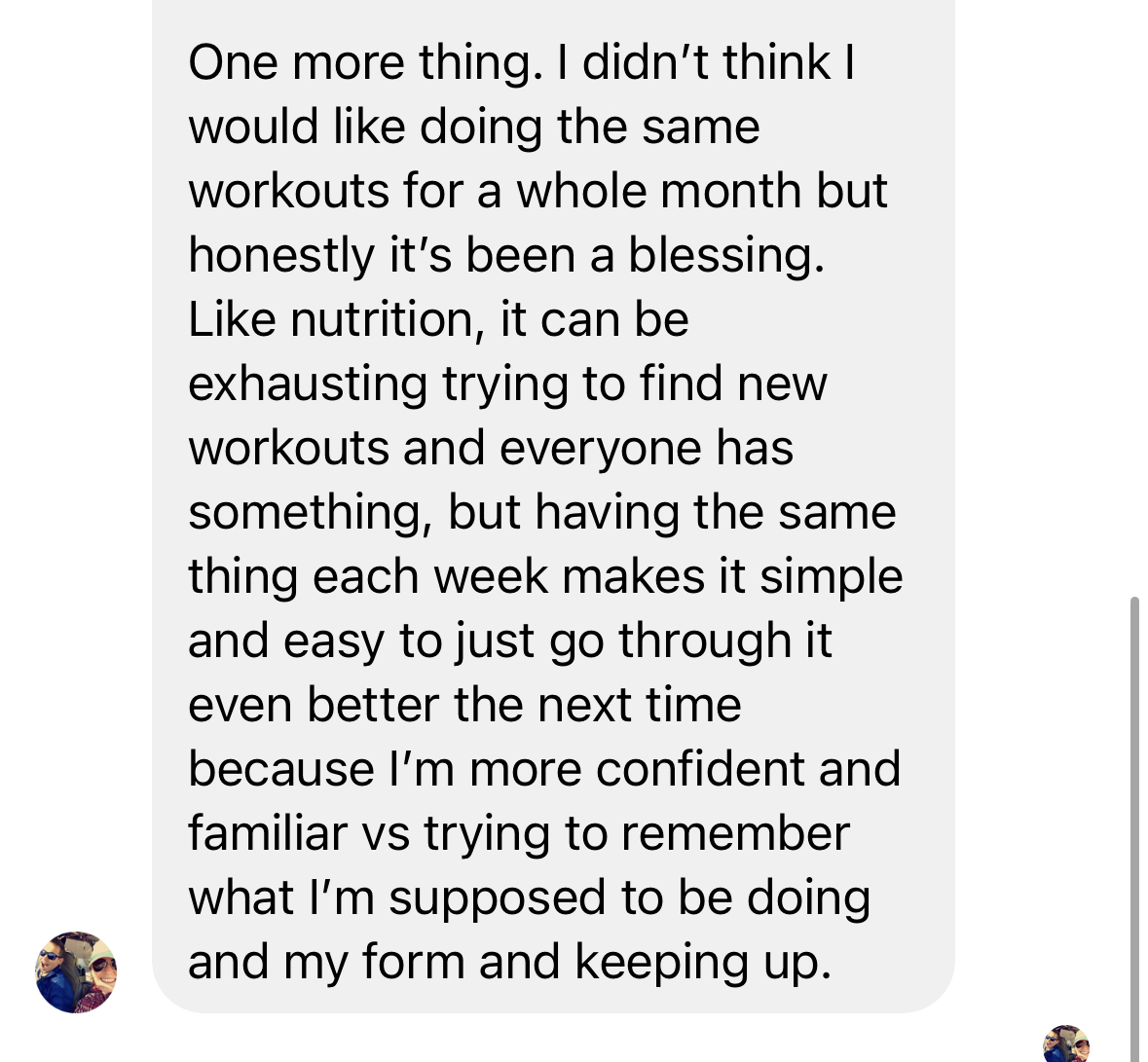 Text message discussing workout routines and confidence, with a small profile picture at the bottom left.