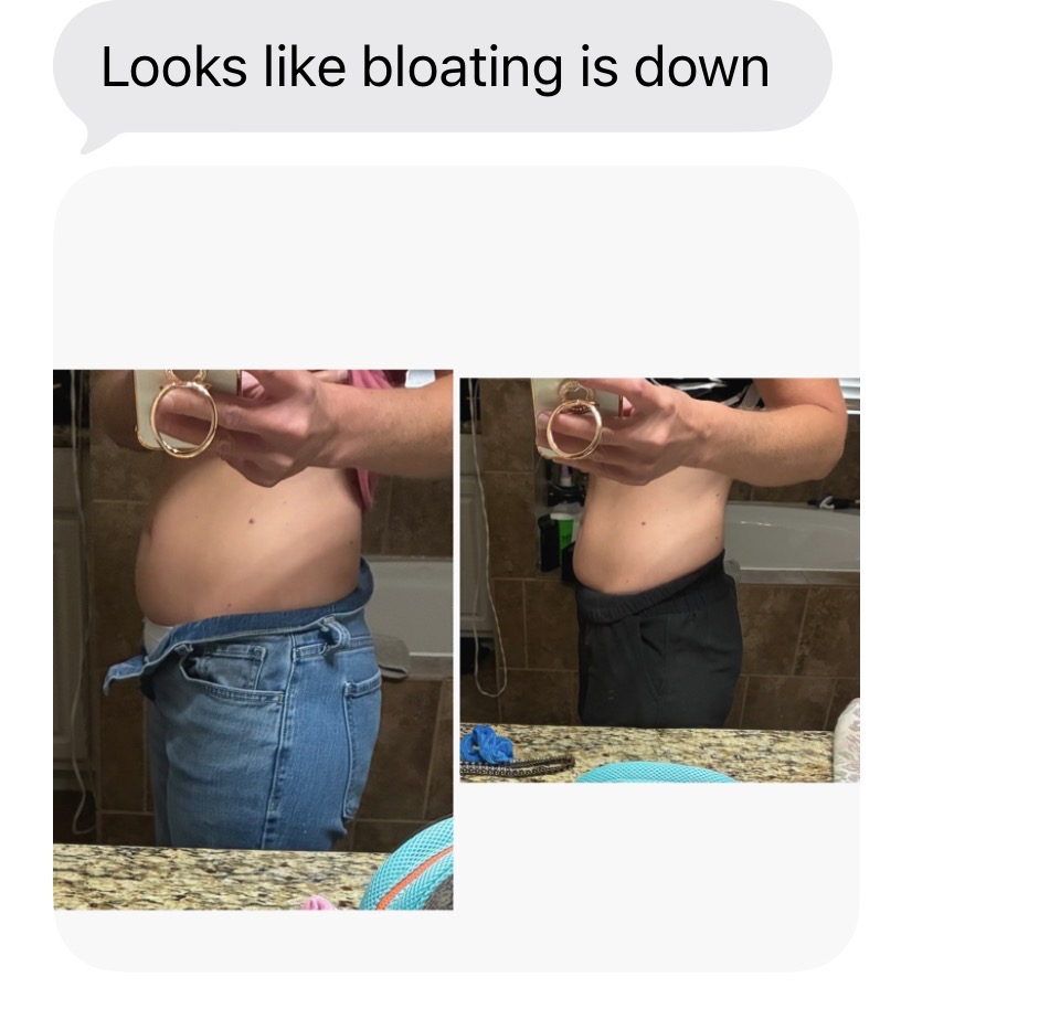 Side-by-side photos of a person showing a bloated abdomen, one with jeans and the other with black pants, in a bathroom.