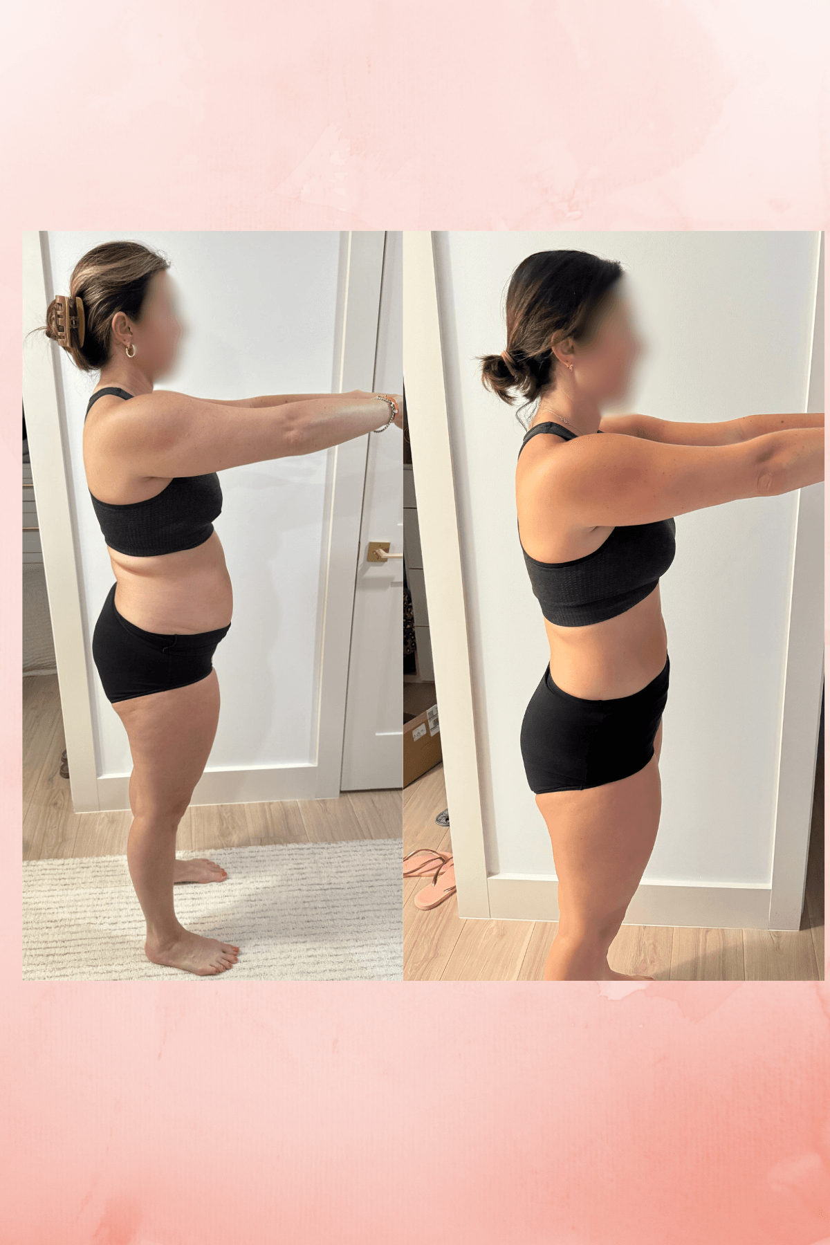 Side view of a woman in black sportswear stretching her arms forward, before and after exercise, in a home setting.