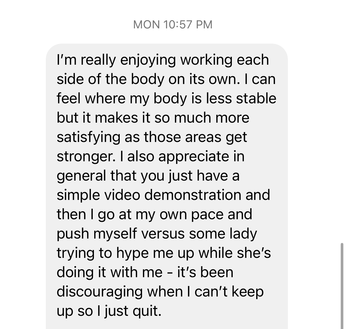 Text message discussing body awareness, strength, and personal progress, with a timestamp of 10:57 PM on Monday.