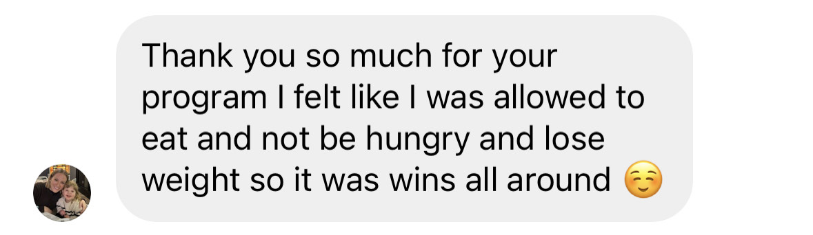 Text message thanking for a program and sharing feelings about eating and weight, with a smiling emoji.