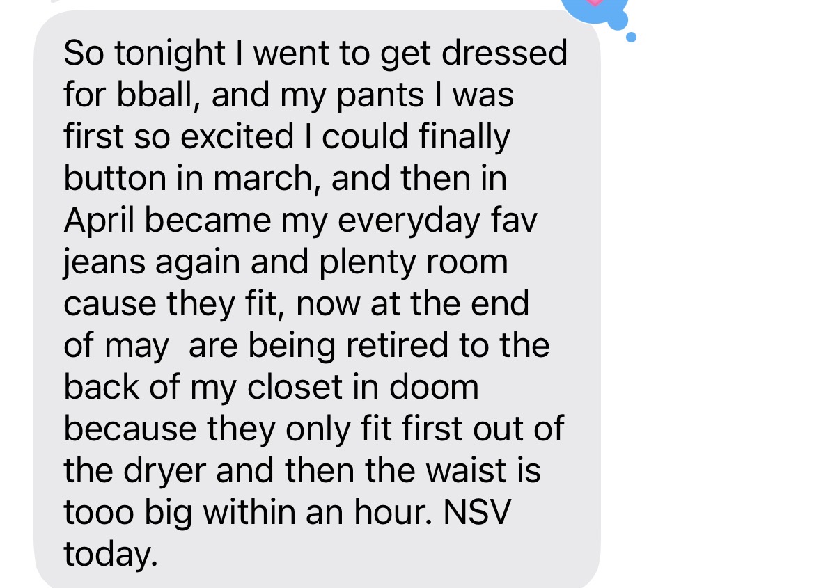 Text message about getting dressed for a ball, excited to wear favorite jeans, and retiring them after they no longer fit.