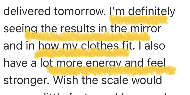 Text from a page with highlighted words, discussing a mirror, clothes fit, energy, and scale. 20 words.