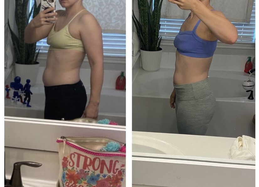 Side-by-side images of a woman taking mirror selfies, showing her torso and waist in different outfits, with a plant and bathroom background.