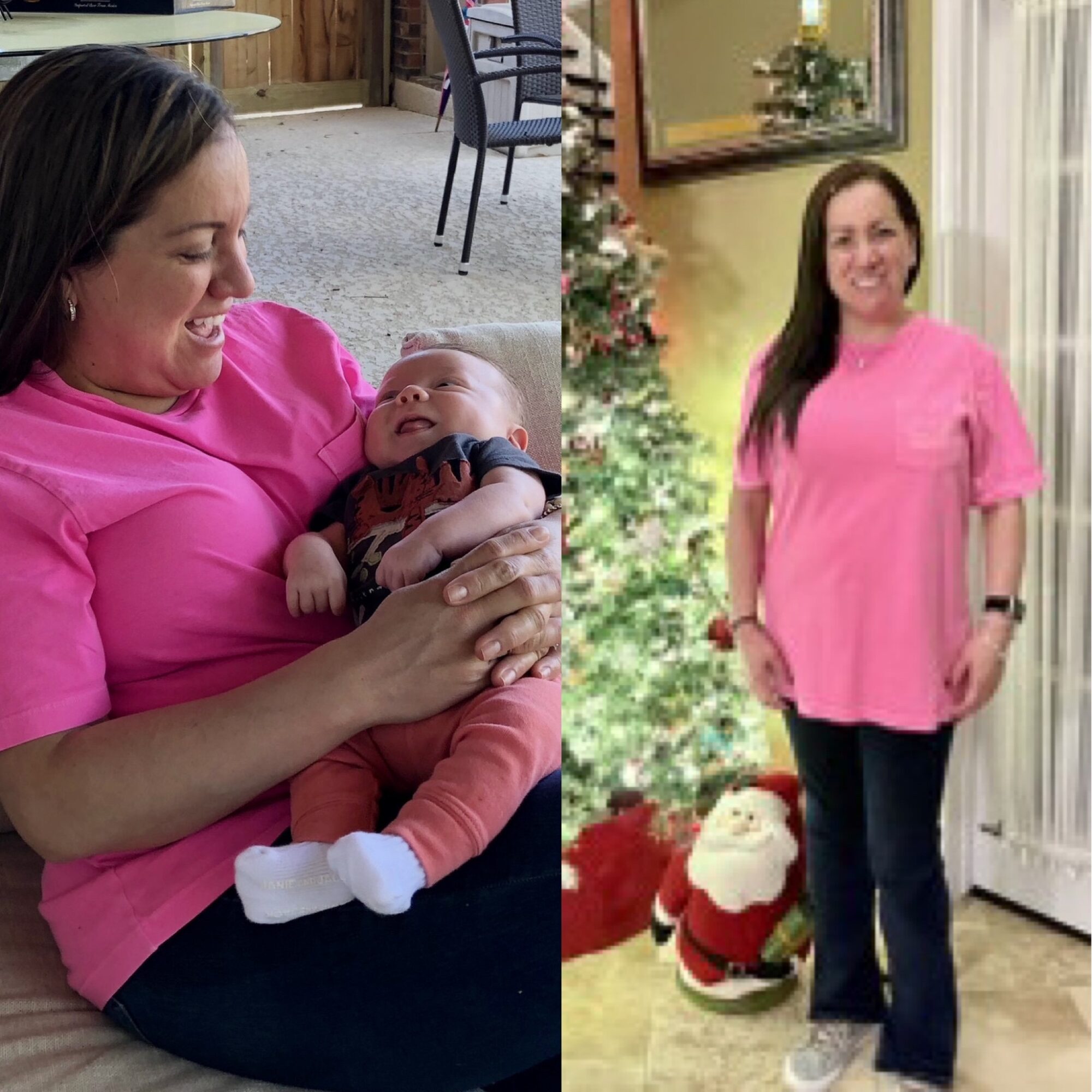 Woman holding a baby indoors, smiling; woman standing near a Christmas tree, smiling, in a decorated room.