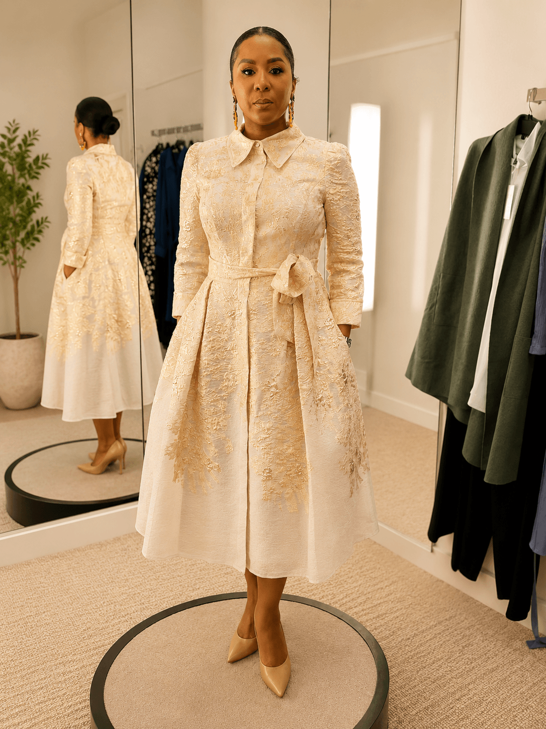 Woman in a cream-colored, textured coat with a bow, standing on a circular platform in a clothing store.