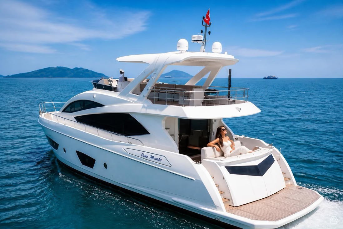 Luxury yacht on calm ocean with a woman relaxing on the deck, distant islands visible under a blue sky.