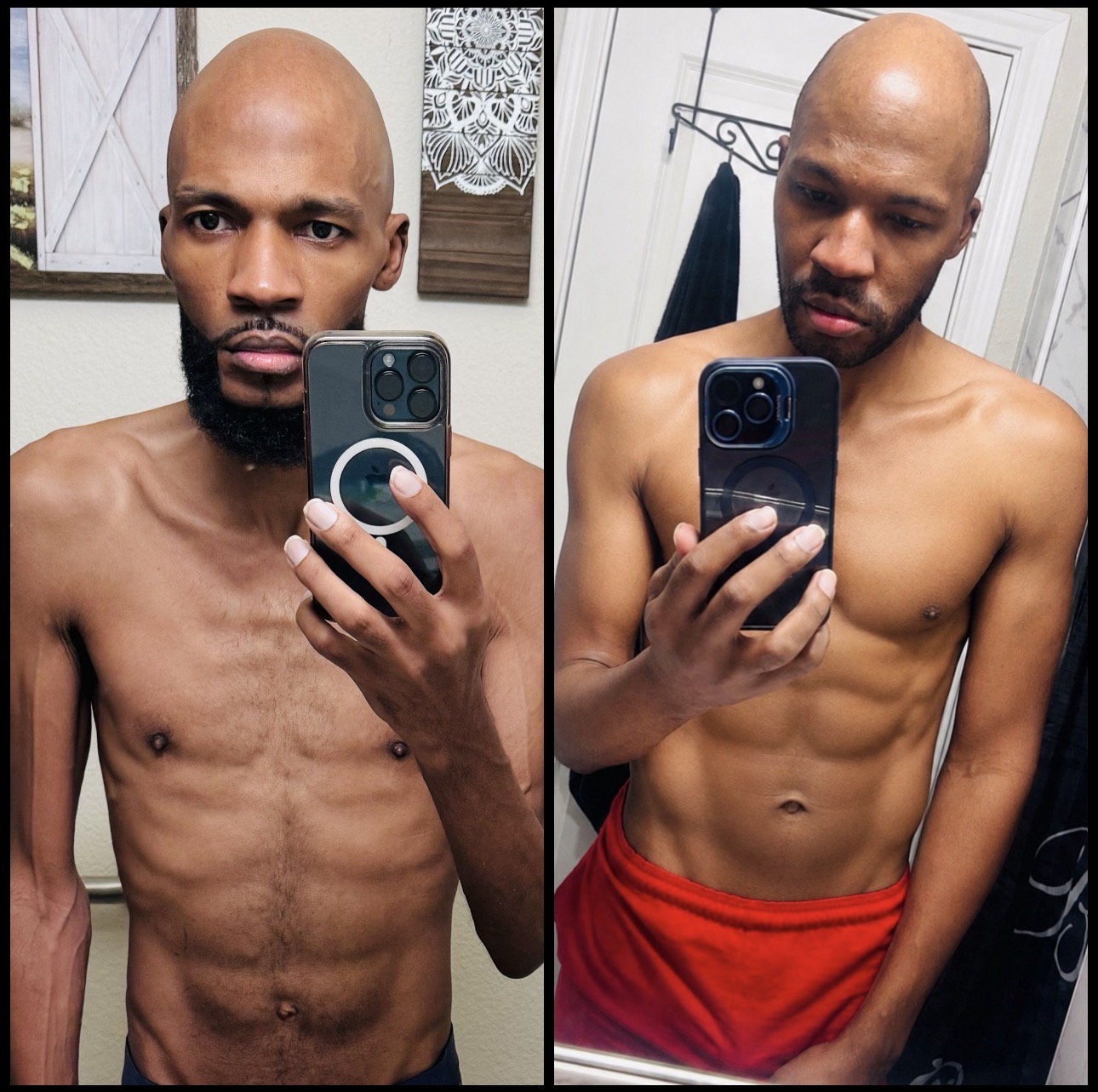 Side-by-side mirror selfies of a shirtless man with a shaved head and beard, showing his physique before and after fitness.
